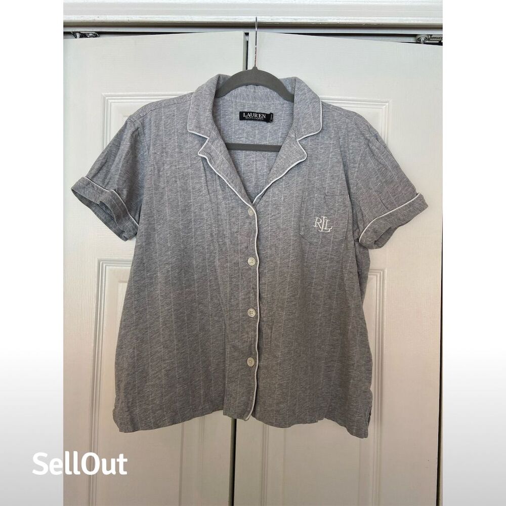 Lauren Ralph Lauren Women's Gray Short Sleeve Button-Up Pajama Top Standard M